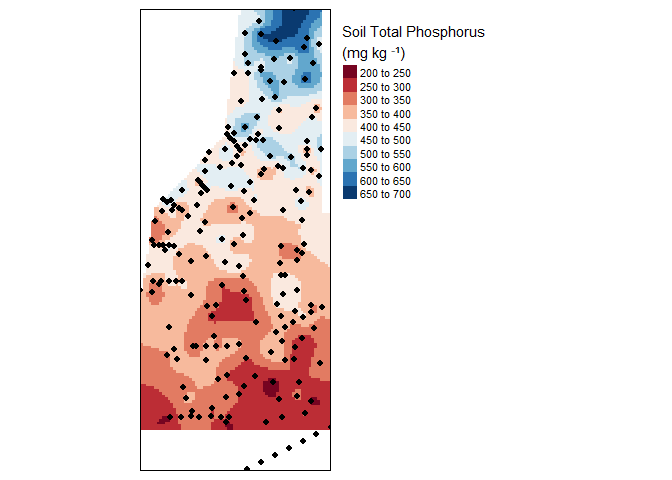 Final kriged interpolation of the detrended (fake) soil total phosphorus values across the study area.