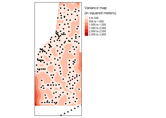 Variance map of final kriged interpolation of the detrended (fake) soil total phosphorus values across the study area.