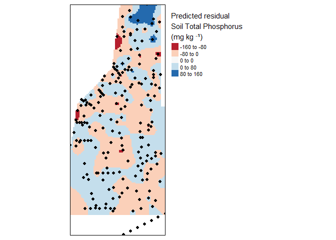 Krige interpolation of the residual (fake) soil total phosphorus values across the study area.