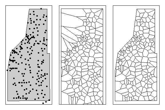 **Left:** All sampling points within the study area. **Middle:** Thessian polyon for all sampling locations. **Right:** Thessian polygons clipped to study area.