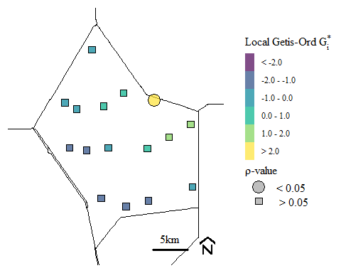 Soil total phosphorus hot-spots identified using the Getis-Ord $G_{i}^{*}$ spatial statistic.