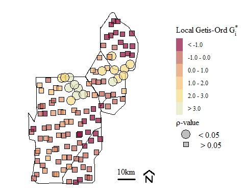 Soil total phosphorus hot-spots identified using the Getis-Ord $G_{i}^{*}$ spatial statistic with k-function nearest neighbor spatial weighting.